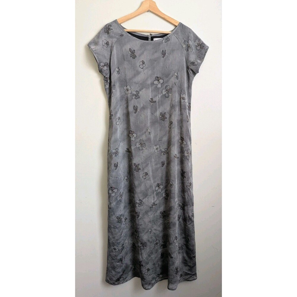 Vintage 90s Y2K Grey Forest Floral Shimmer Dress Fairy Maxi Crinkle Minimalist 8